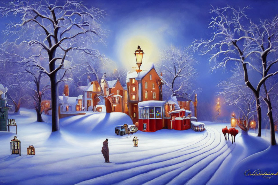 Snow-covered winter scene with glowing street lamp, vintage tram, houses, and trees under dusk sky