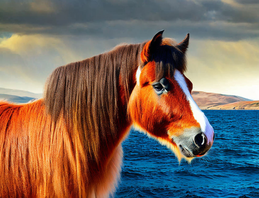 Brown and White Horse with Thick Mane Against Dramatic Sky and Blue Sea