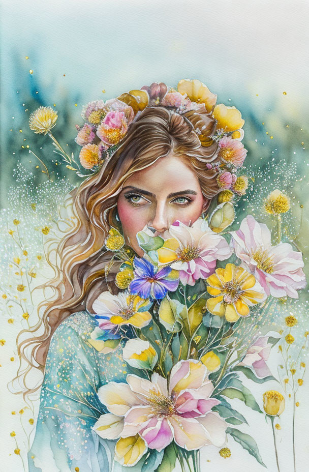 Woman with floral crown smelling bouquet in watercolor illustration