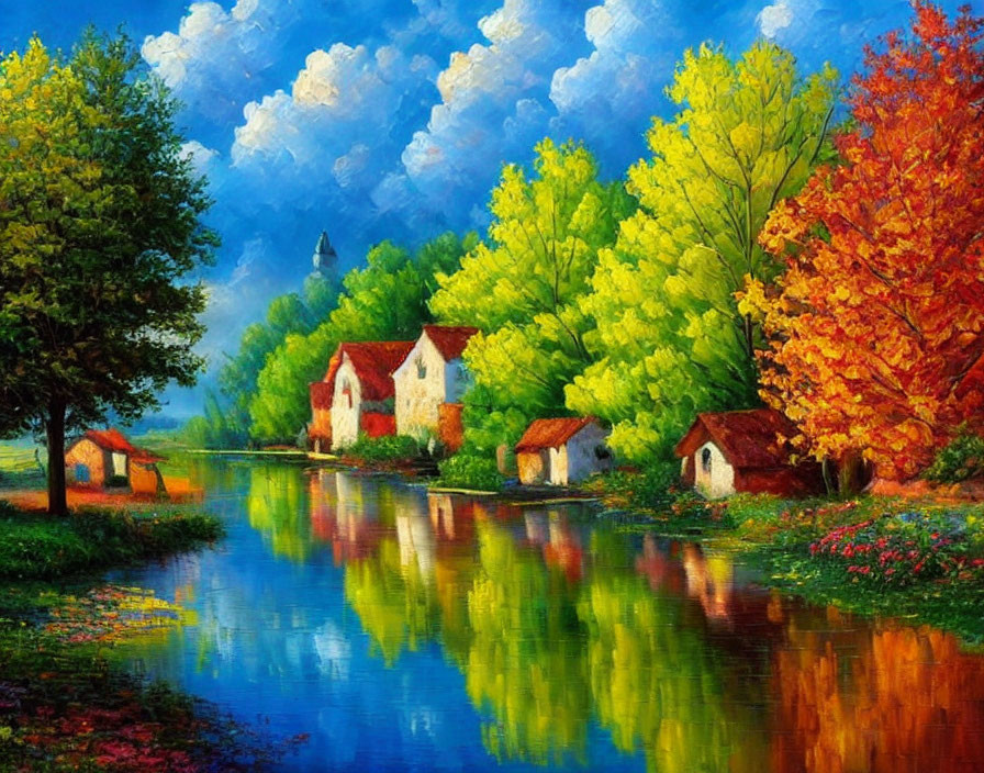 Colorful Autumn Riverside Painting with Quaint Houses and Blue Sky