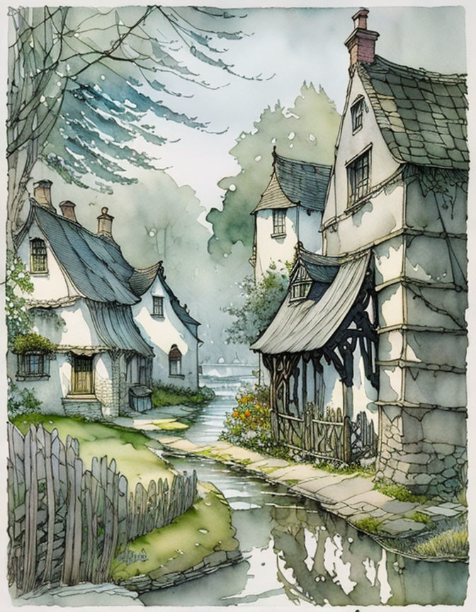Traditional Thatched-Roof Village Watercolor Illustration