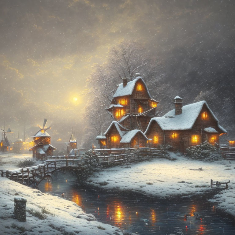 Snowy landscape: Cozy cottage and windmills at dusk