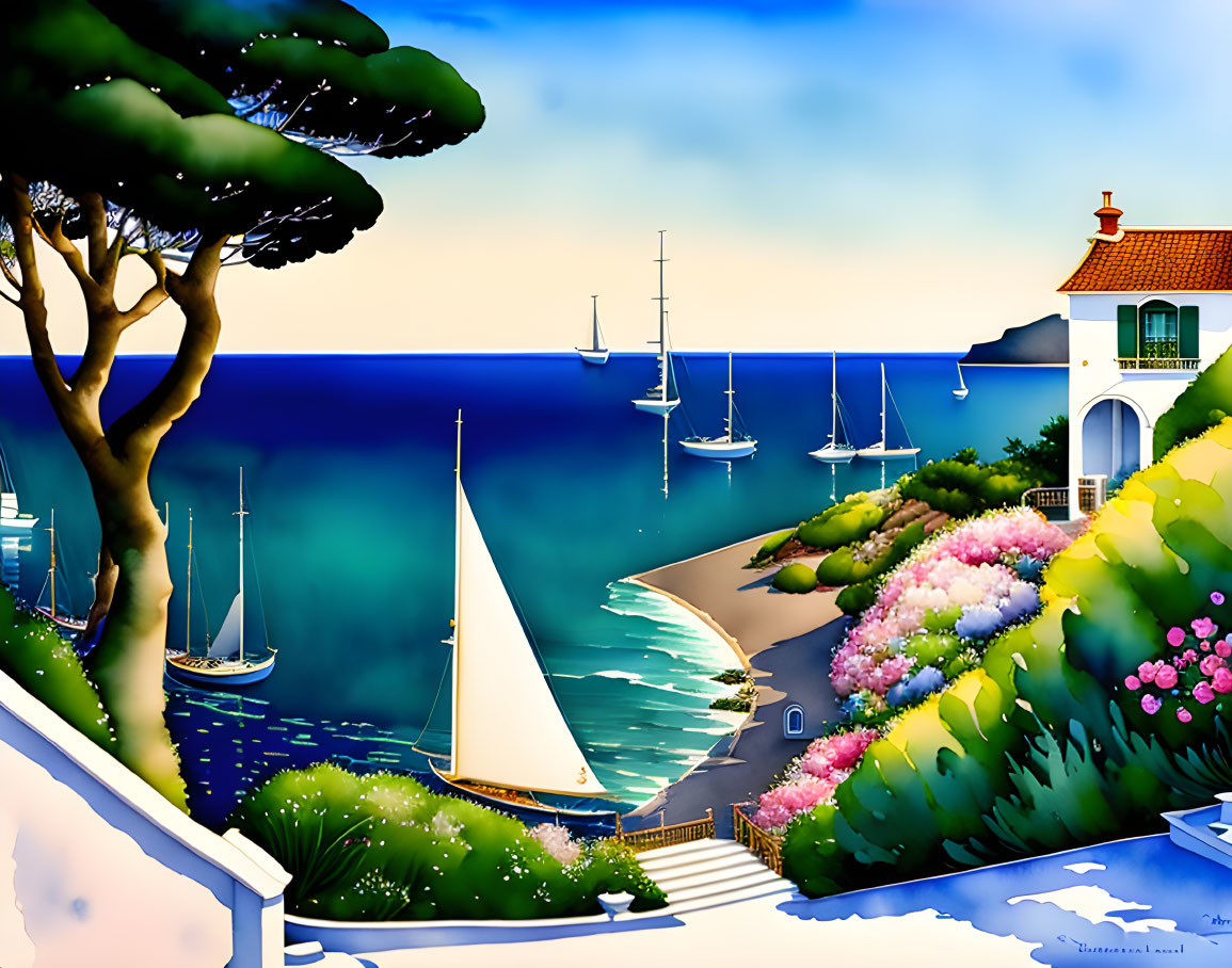 Scenic coastal view with sailboat, yachts, beach, house, and sky