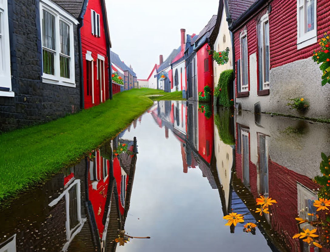 Colorful houses reflected in puddle on wet path with green grass and flowers under cloudy sky