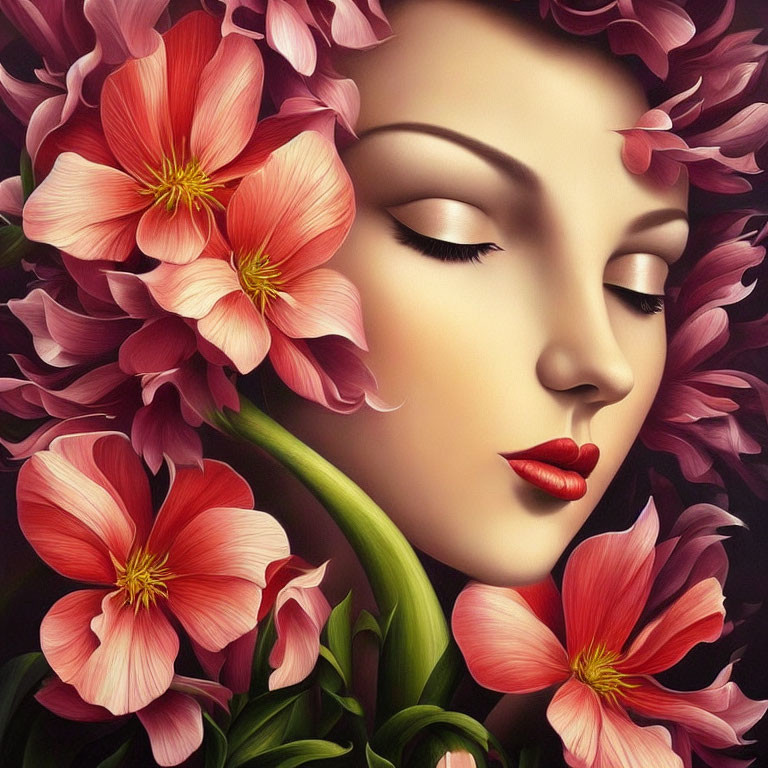 Digital art: Woman's face merges with vibrant pink flowers in serene expression