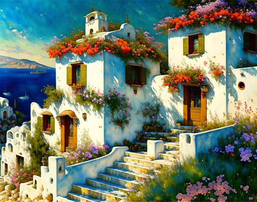 Whitewashed buildings and vibrant flowers by the Mediterranean sea