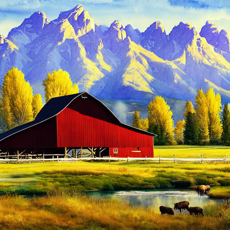 Scenic painting of red barn, mountain, cattle, and pond