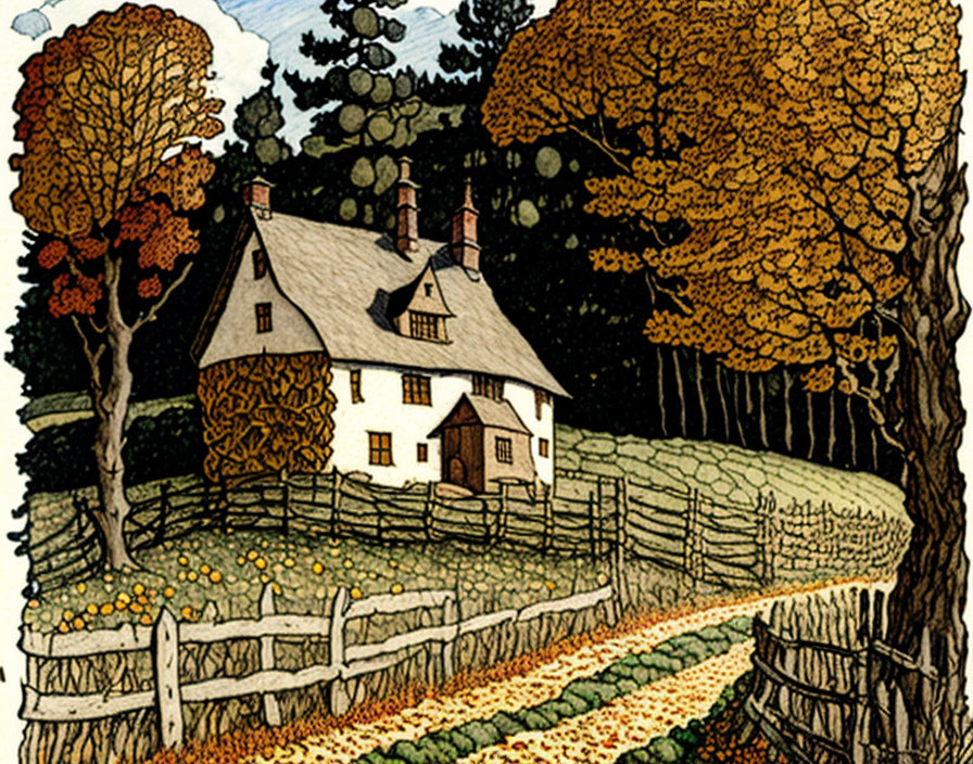 Thatched Roof Countryside Cottage Surrounded by Autumn Trees