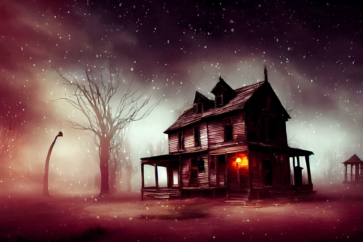 Spooky two-story house with glowing window in misty dusk landscape