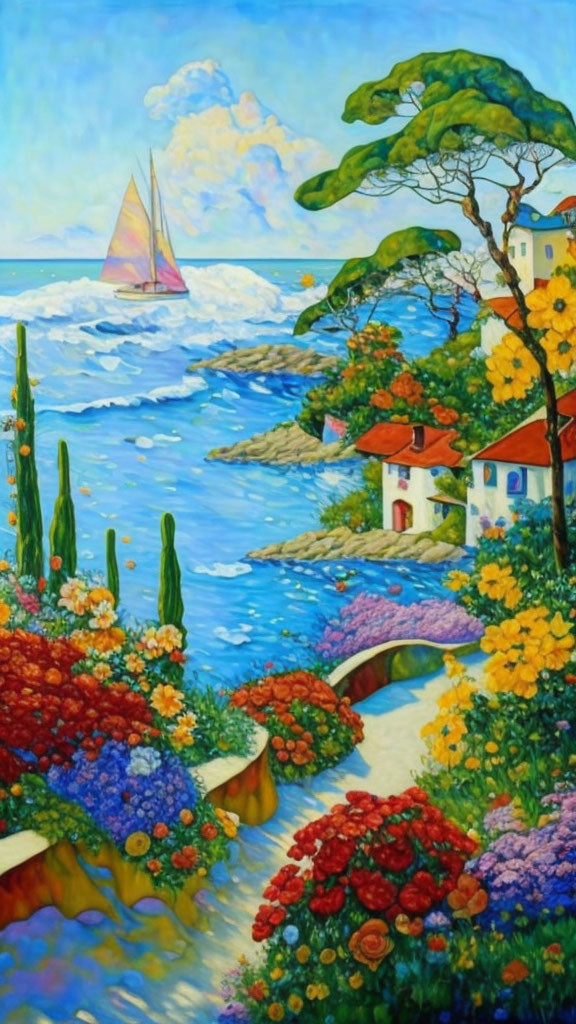 Colorful coastal painting: sailboat, flowers, houses