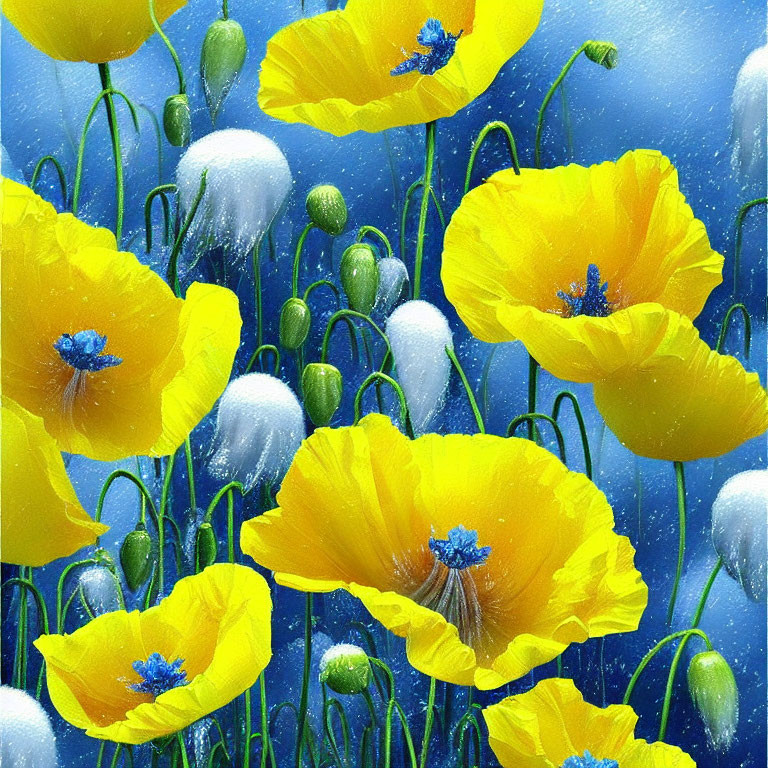 Colorful Yellow Poppies with Blue Centers and Raindrops on Soft Blue Background