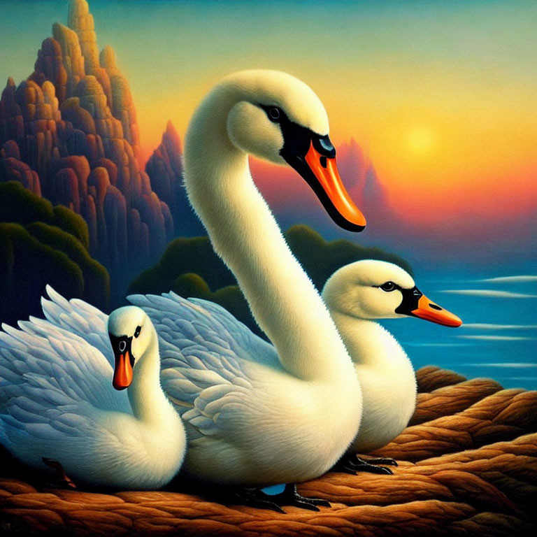 Stylized swans on nest with vibrant sunset and colorful cliffs