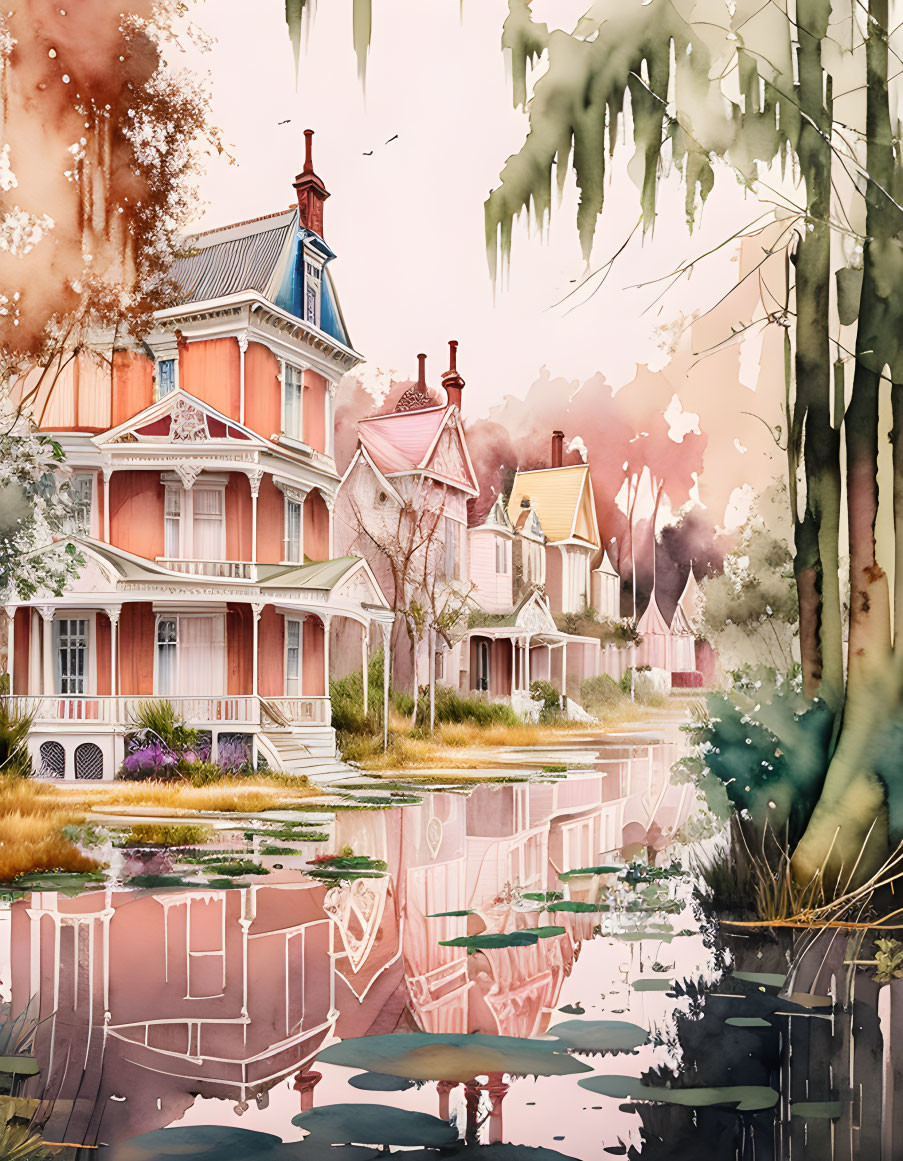 Victorian-style houses reflected in serene watercolor scene surrounded by lush greenery.