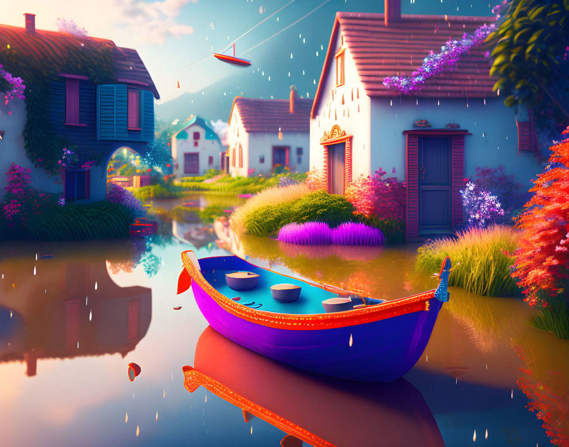 Colorful Village with River, Boat, and Lanterns at Sunset