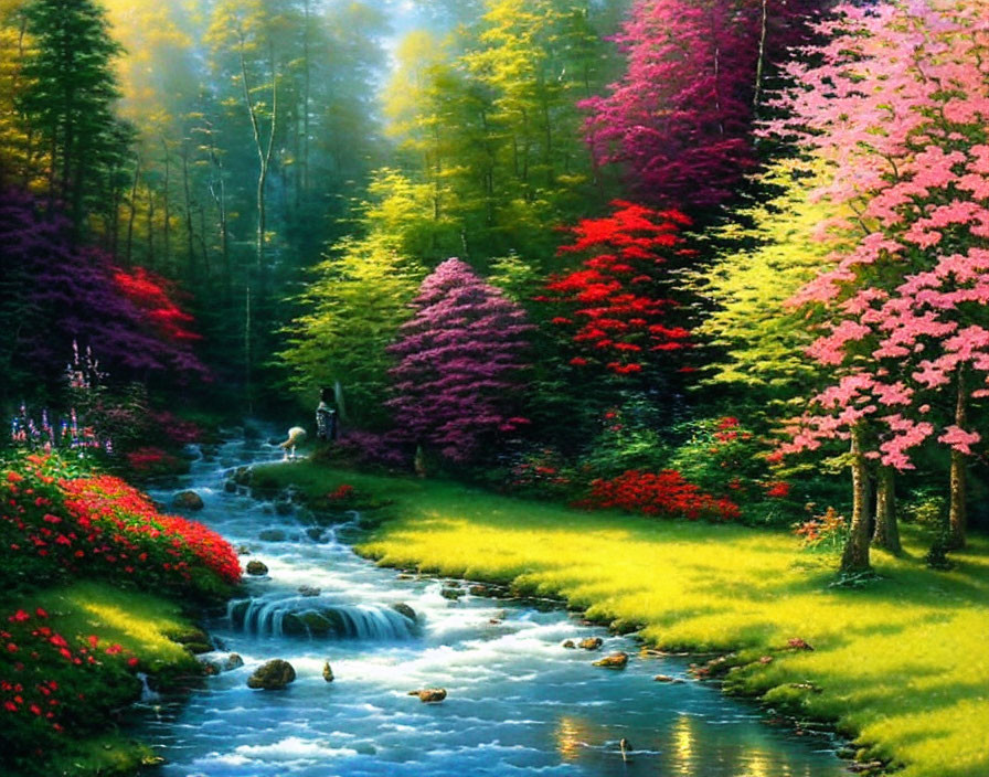 Tranquil stream in vibrant forest with colorful trees and sunlight rays