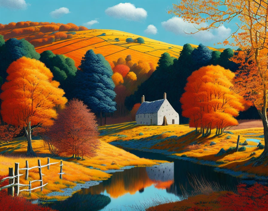 Colorful Autumn Landscape with White Cottage and Reflective Pond