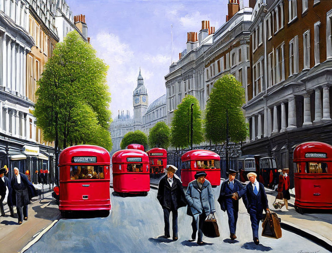 Vibrant painting of London street with buses, businessmen, and Big Ben