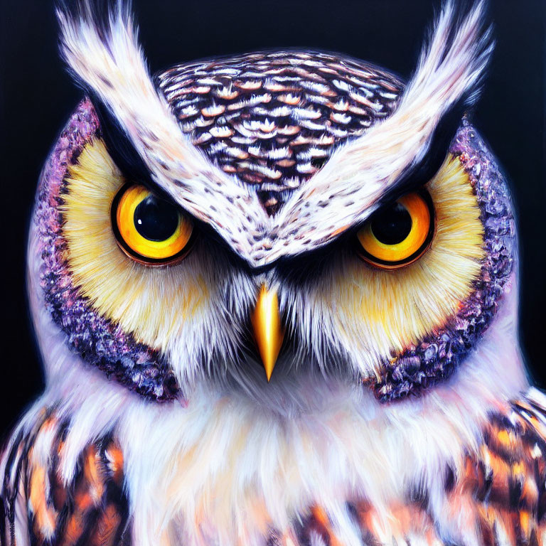 Detailed close-up of owl with piercing yellow eyes and sharp beak