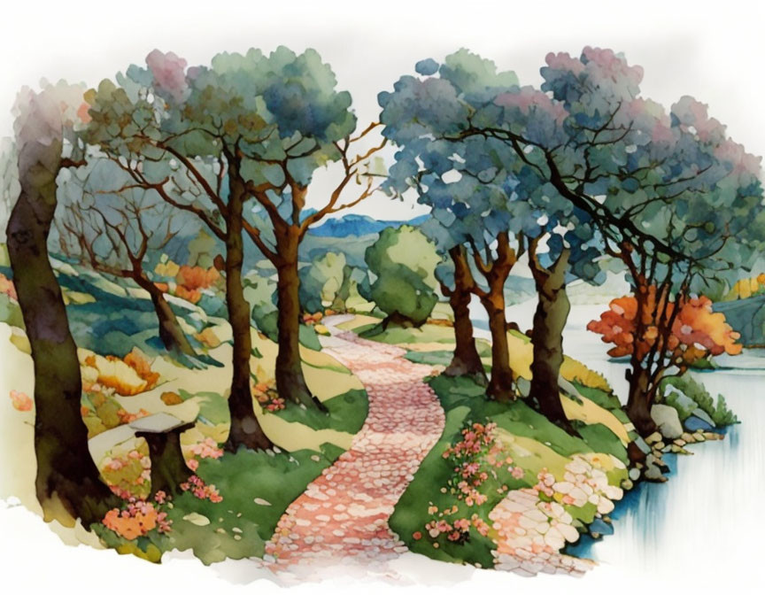 Serene watercolor painting of winding forest path