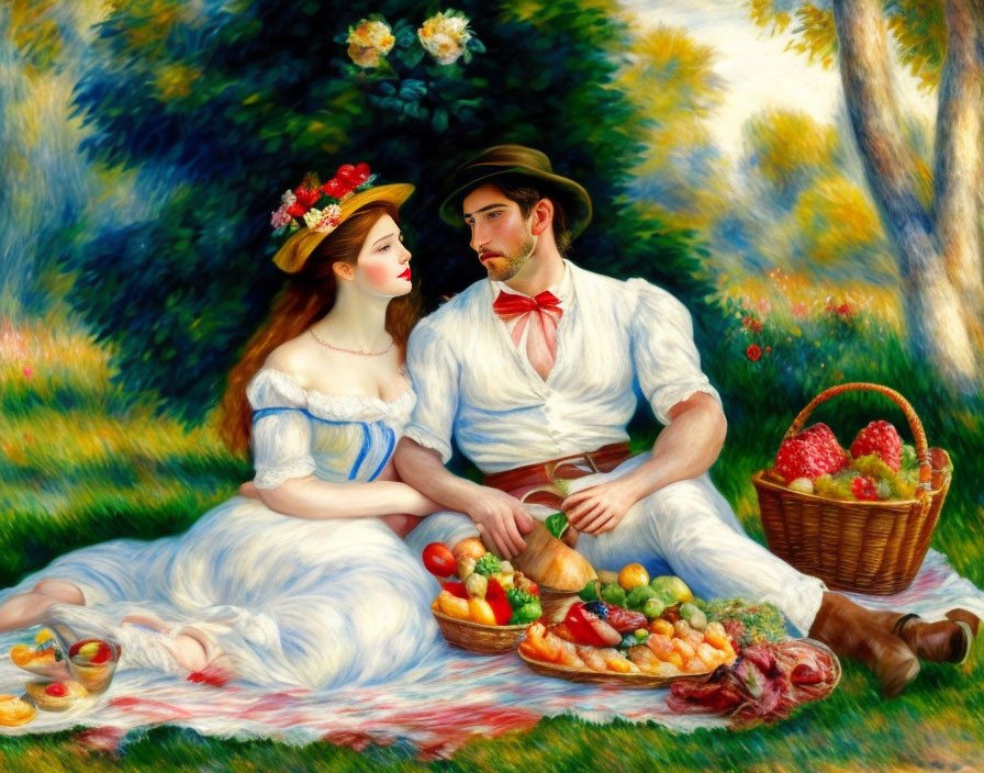 19th-Century Style Painting of Couple on Picnic Blanket