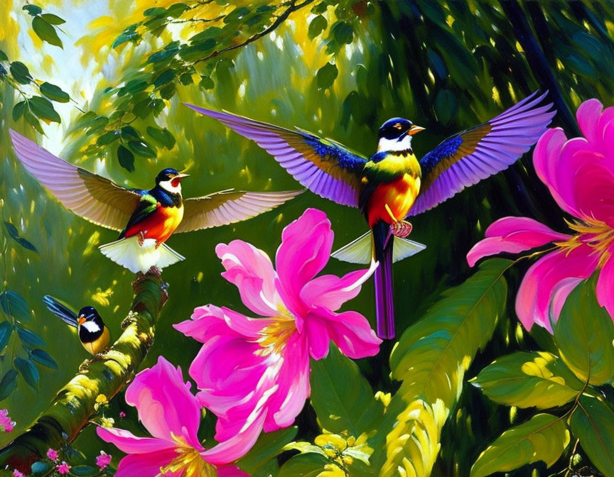 Colorful Birds Flying Among Pink Flowers and Green Foliage