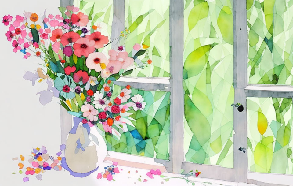 Vibrant watercolor painting: bouquet in vase with window view