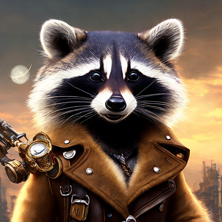 Detailed anthropomorphic raccoon in a brown jacket with futuristic weapon in industrial setting