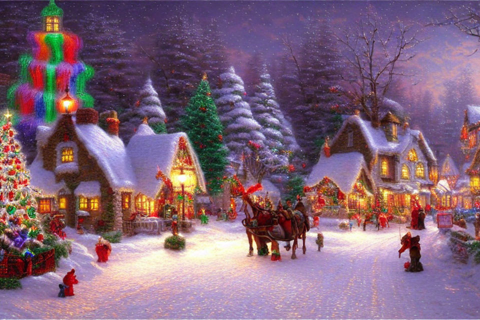 Snow-covered cottages, Christmas lights, tree, and sleigh in festive village