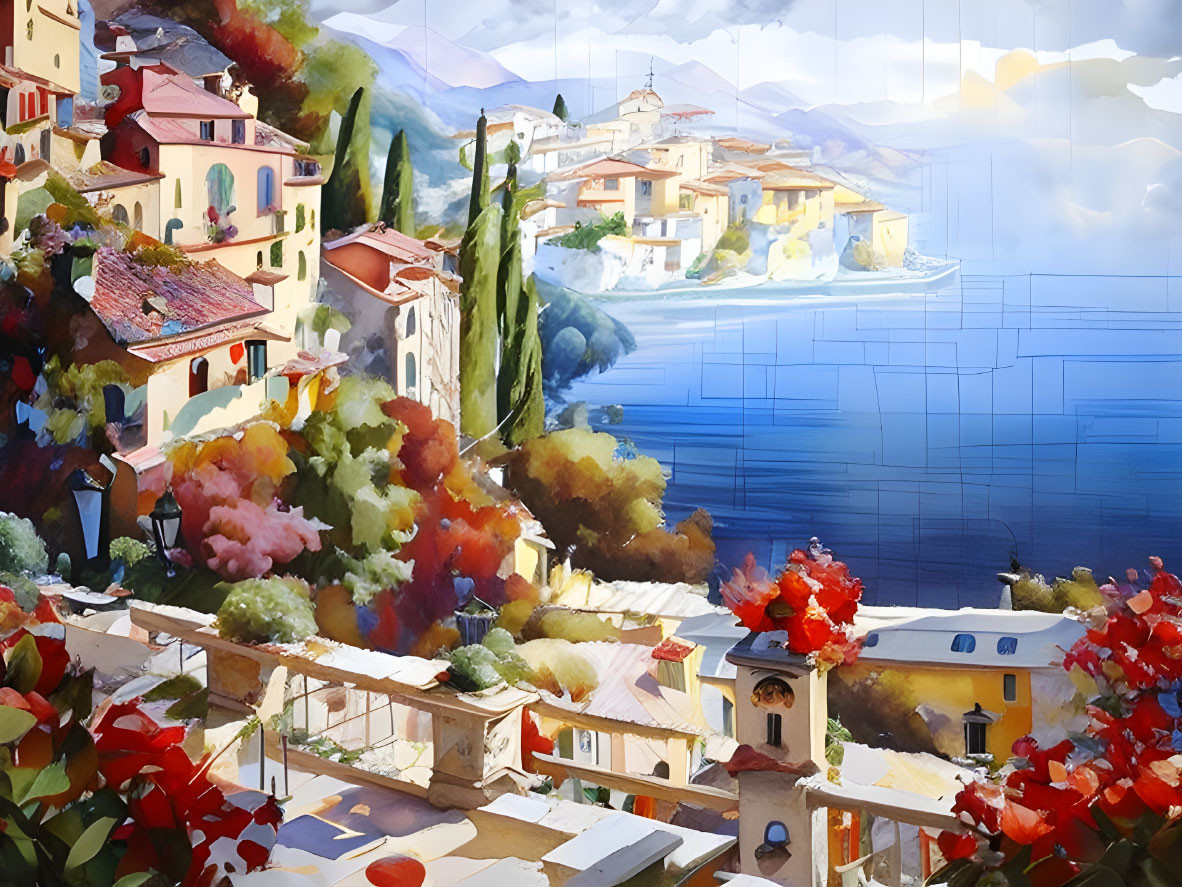 Vibrant Coastal Village Painting with Terracotta-Roofed Houses