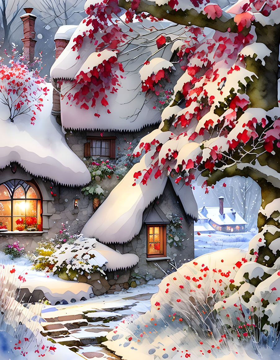 cozy cottage with a garden in winter