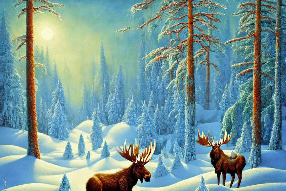 Moose in snowy forest with tall conifers under muted sun