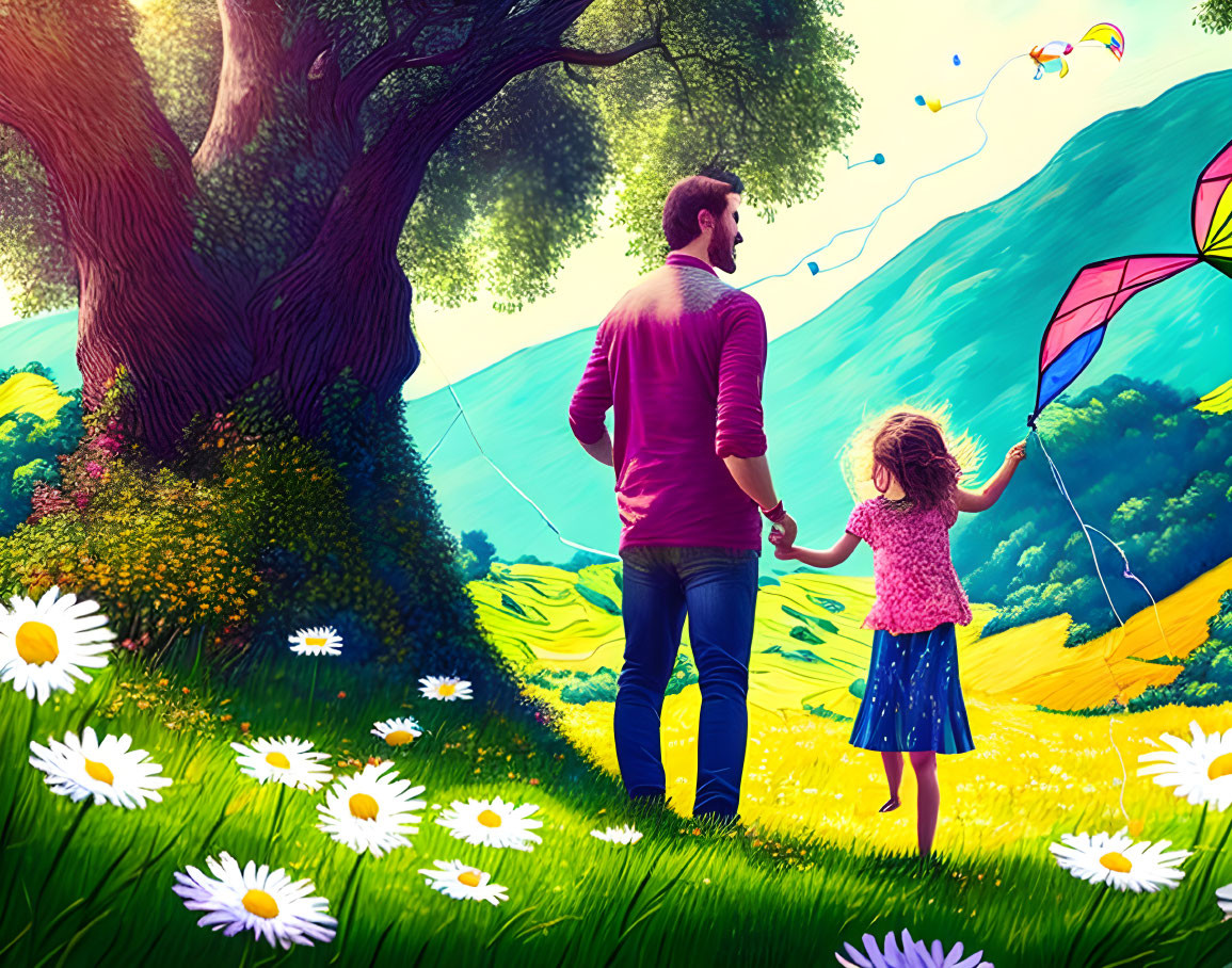 Man and young girl holding hands in meadow with daisies, flying kite under sunny sky