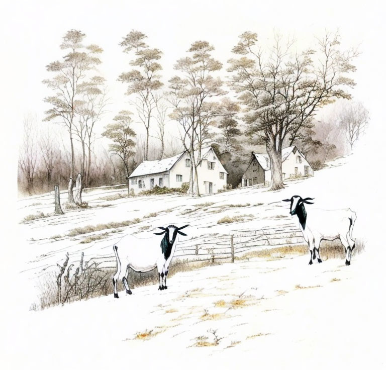 Snowy landscape with two goats, bare trees, small houses, and wooden fence