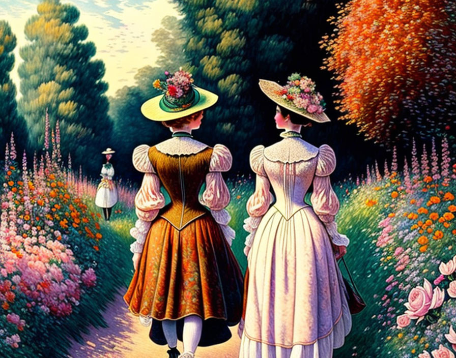 Women in traditional dresses strolling vibrant garden pathway