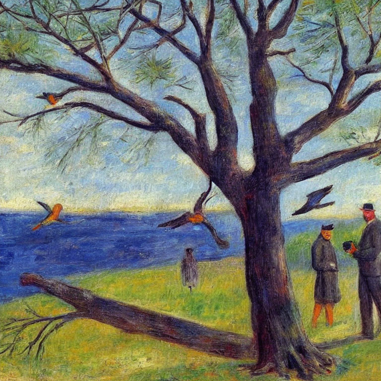 Impressionist painting of tree by sea with birds and people