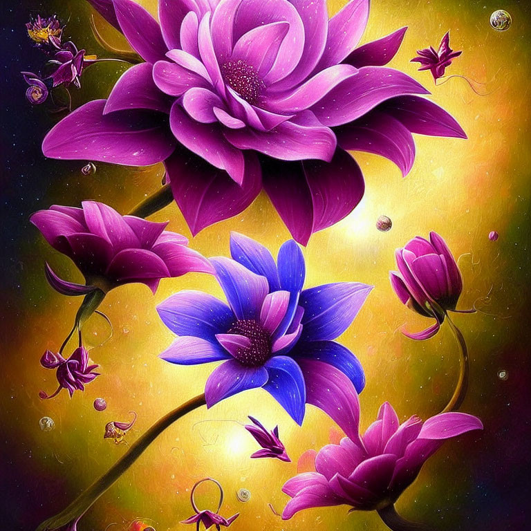 Digital Artwork: Luminescent Purple Flowers on Golden Background