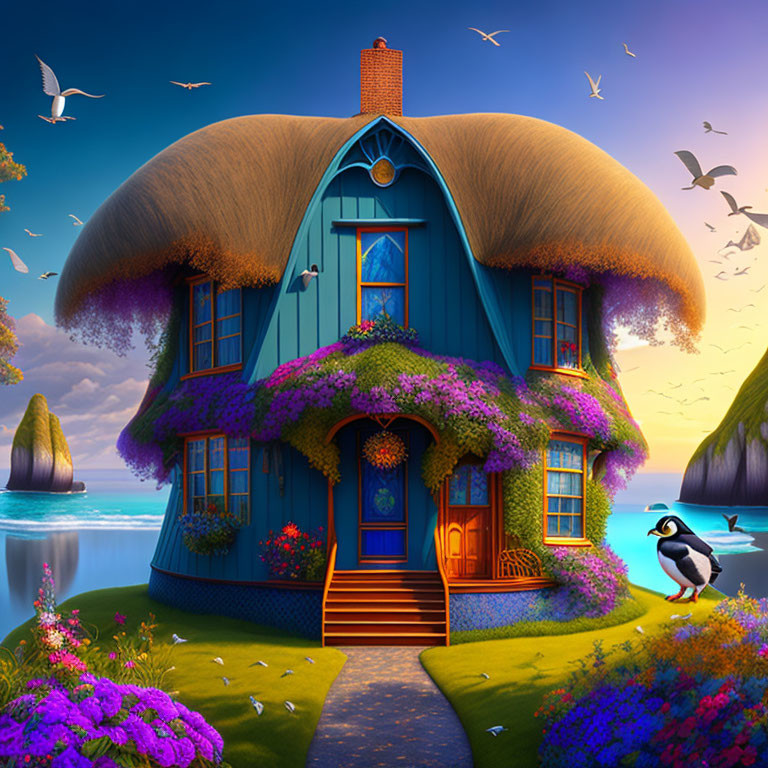 Blue Thatched Cottage Surrounded by Purple Flowers, Penguin, Seagulls, and Lake