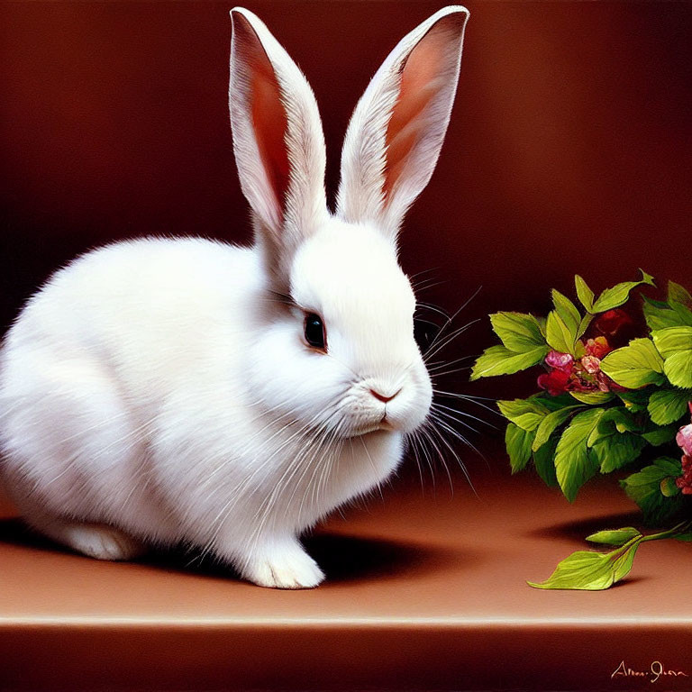 White Rabbit with Tall Ears Beside Pink Flowers on Brown Background