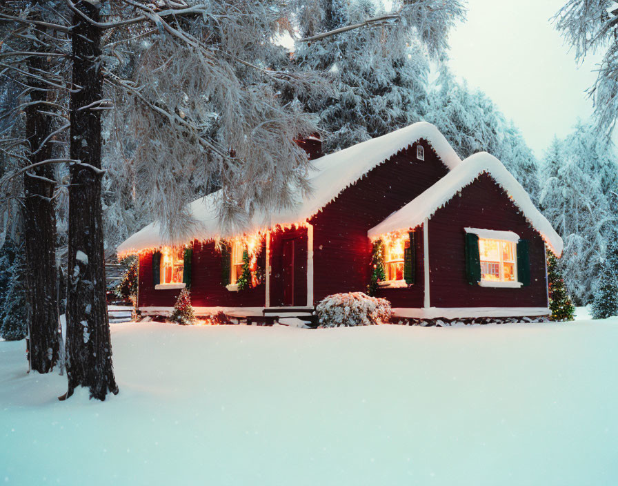 Snowy landscape with cozy red cabin and pine trees