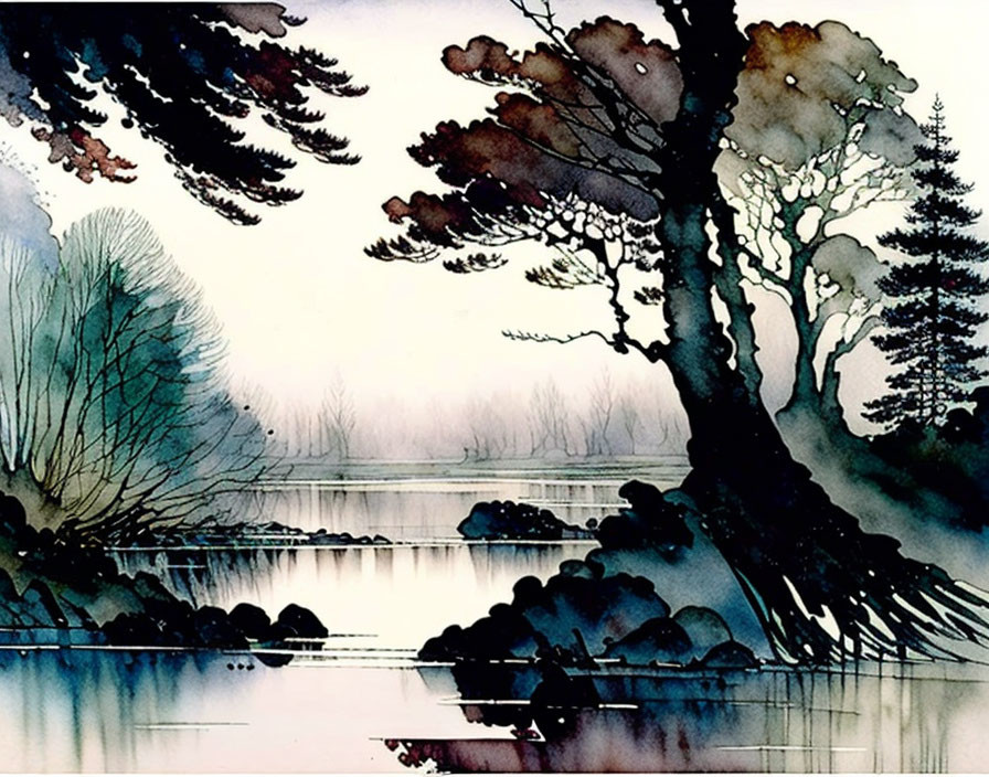 Tranquil watercolor landscape: Silhouetted trees, calm lake, misty atmosphere