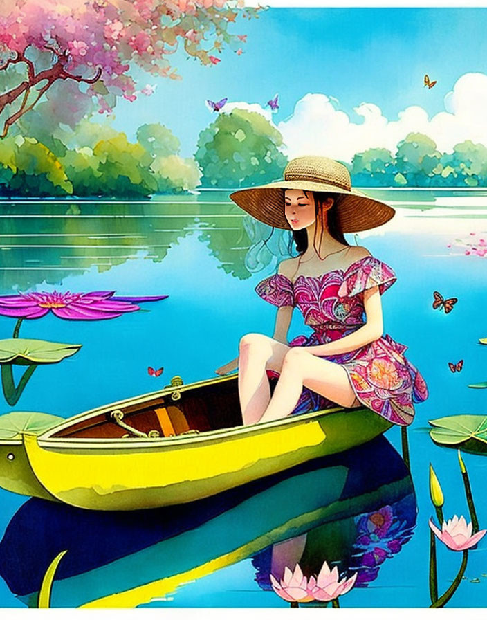 Woman in Yellow Boat Surrounded by Lotus Flowers and Serene Lake