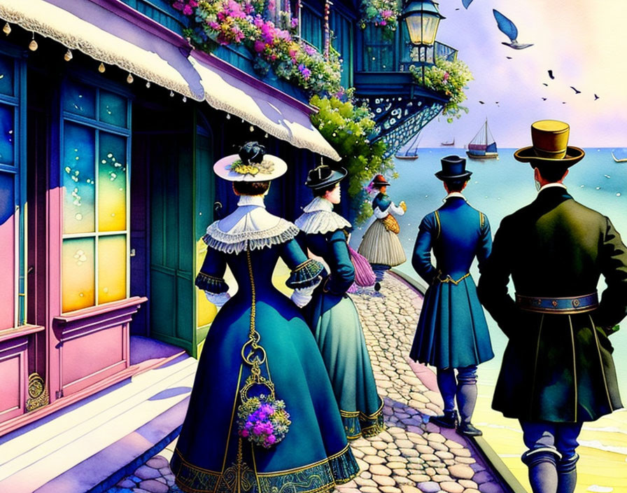 Victorian-era individuals stroll on colorful street with shops and flying birds.