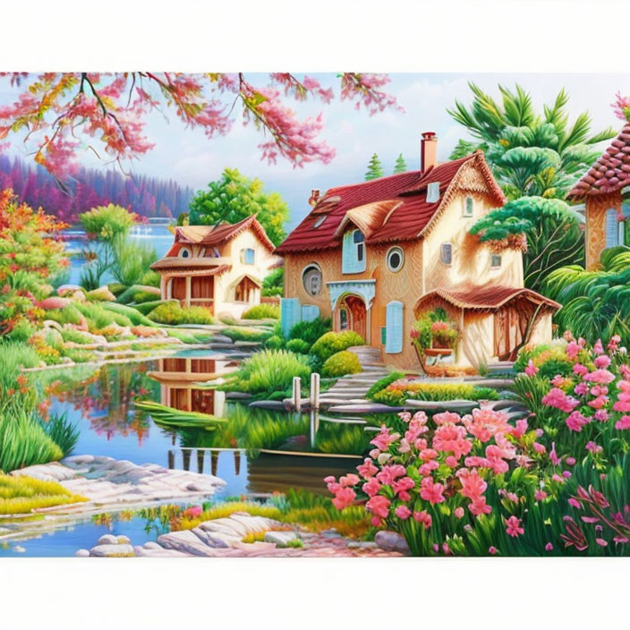 Idyllic countryside homes by serene river in vibrant painting