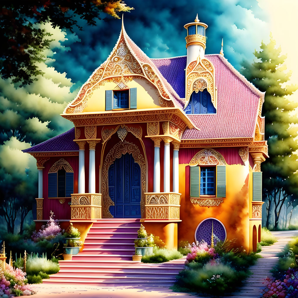 Whimsical ornate house with red roof and golden details among trees and flowers