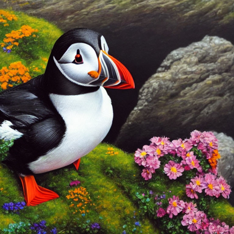 Vibrant puffin on green cliff with colorful flowers