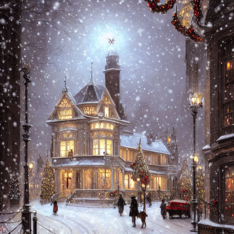 Victorian-style building with Christmas lights, snowfall, pedestrians, and classic car at night