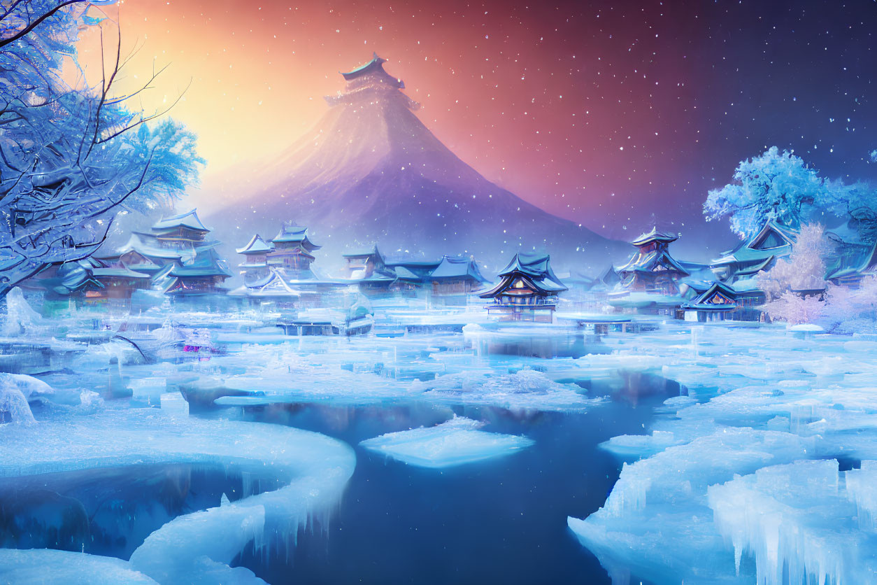 Snow-covered winter landscape with traditional buildings, icy river, and majestic mountain under starry sky.