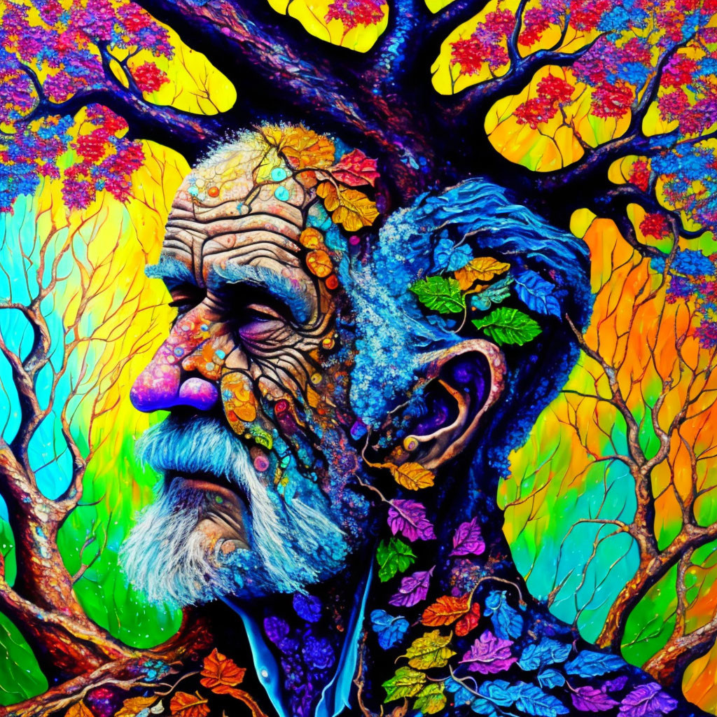 Colorful artwork blending man's face with tree imagery in autumnal hues