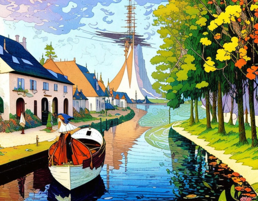 Vibrant illustration of boat on canal with futuristic tower