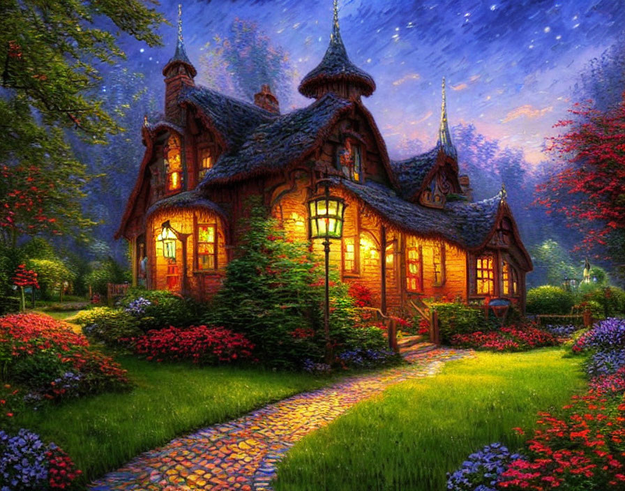 Cozy Cottage in Lush Garden Under Starry Sky